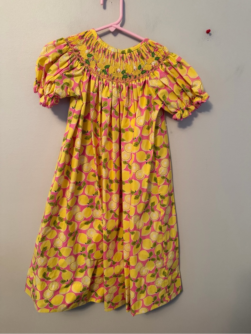 Delaney Yellow Pink Lemon-Print Smocked Dress